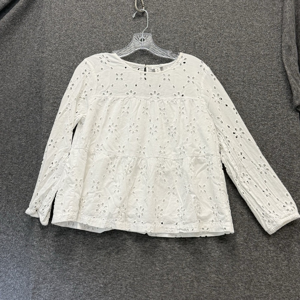 J.Crew Eyelet Blouse Women M White Tiered Cottagecore Long Sleeve Cotton Top